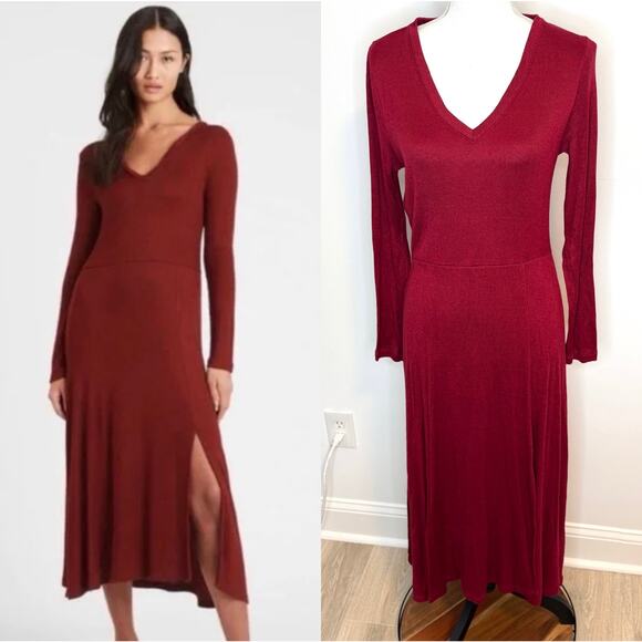 Banana Republic Ribbed Knit Midi Dress In Mulled Cranberry Red Size Medium - Picture 1 of 14